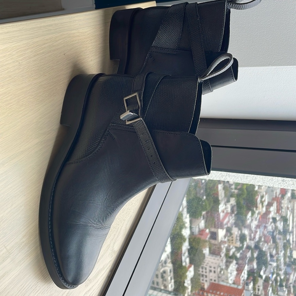 Top shop black leather ankle boots with strap and buckle; Barely worn